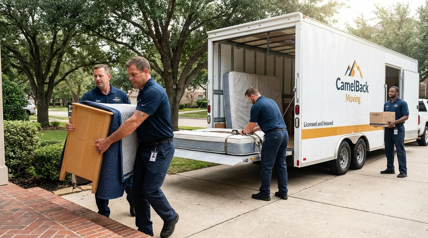 Crew loading residential truck for cross-state move from Eddington, ME