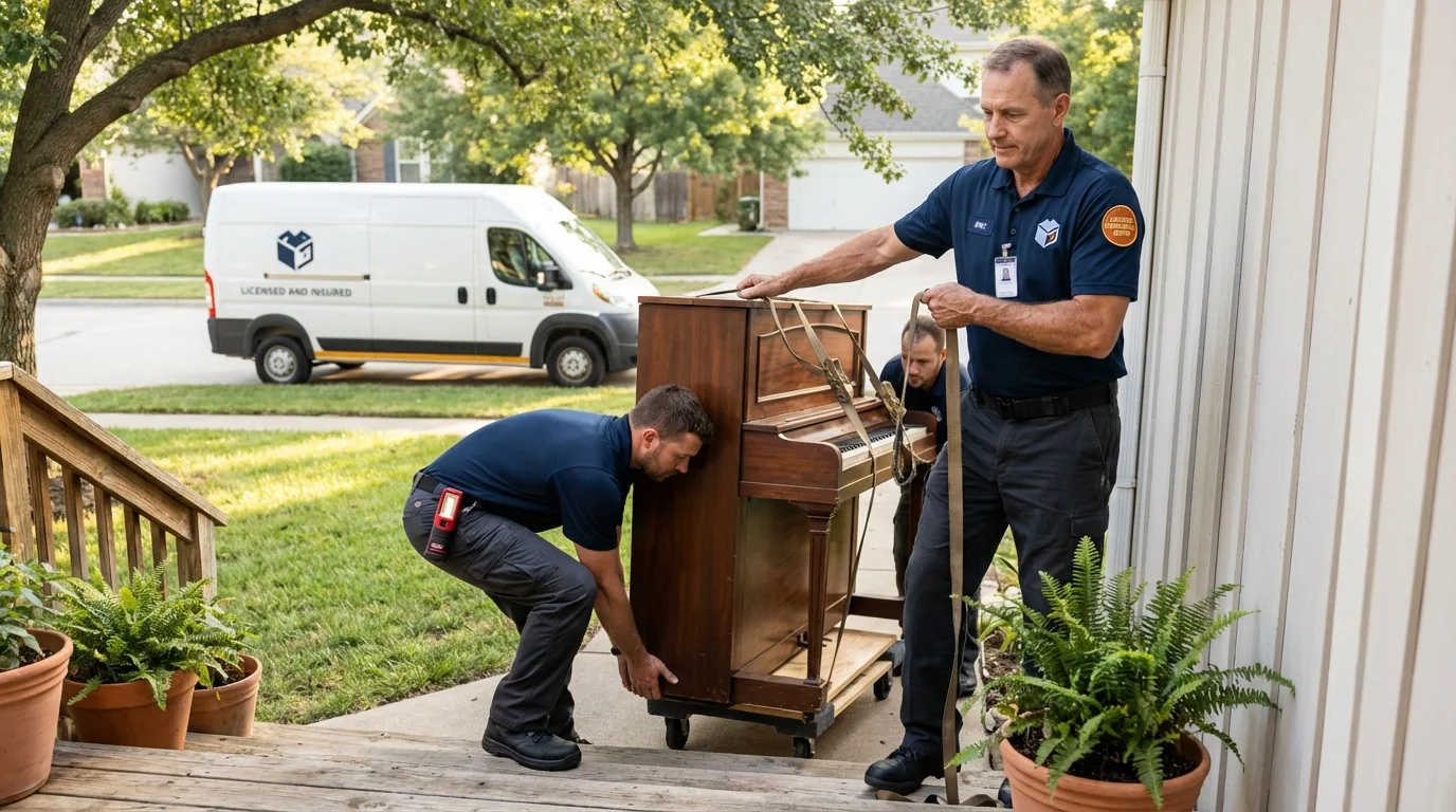 Licensed piano movers securing grand piano in Eddington, ME