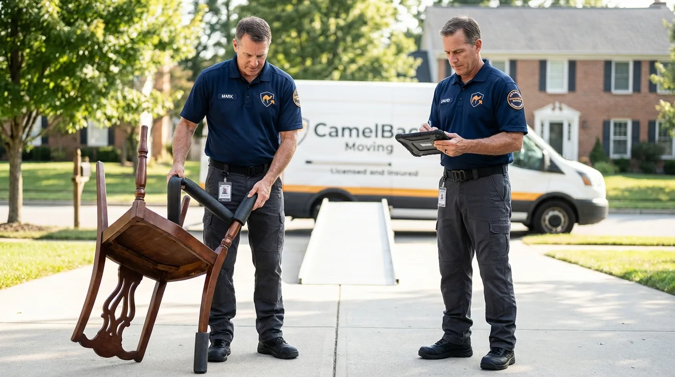 Movers inspecting furniture for damage prevention before loading in Eddington, ME