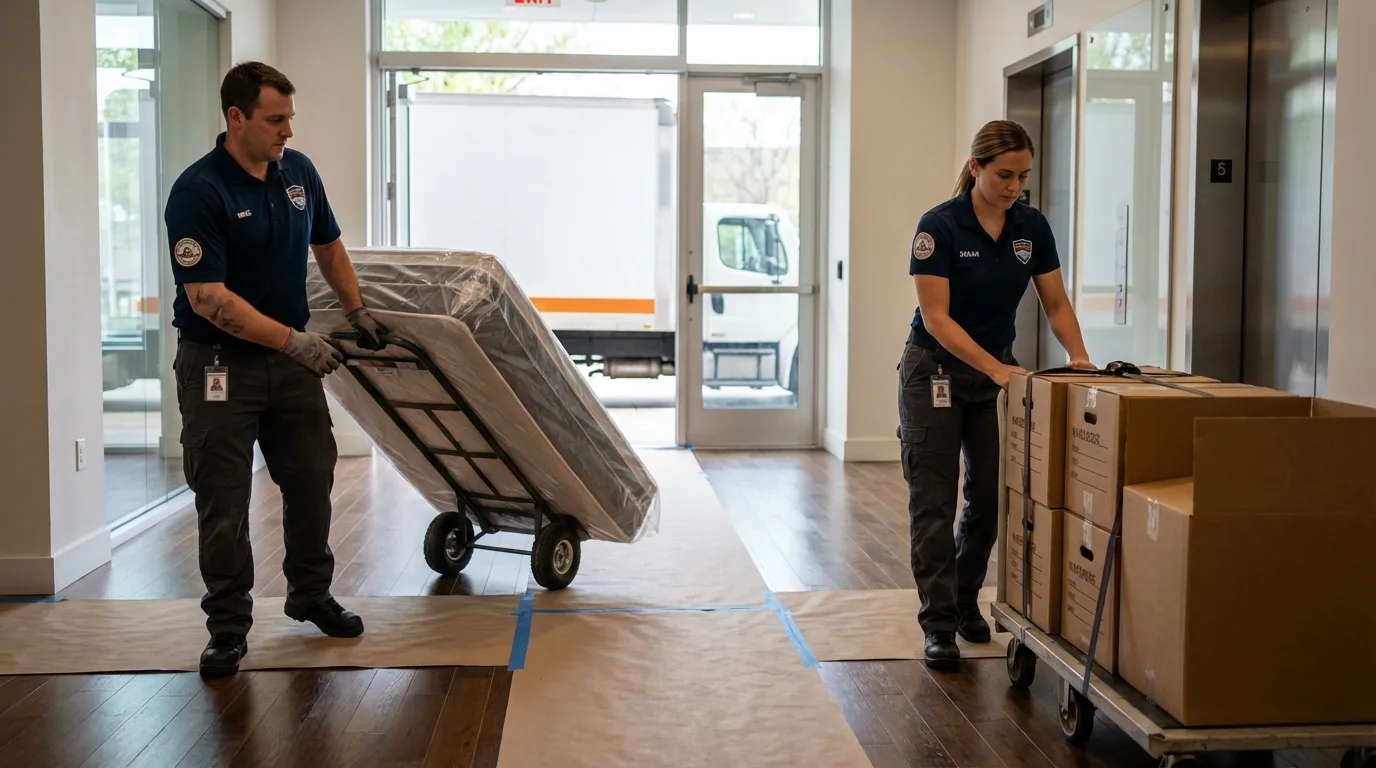 Professional apartment movers loading elevator in Eddington, ME