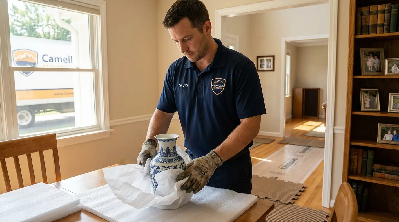 Professional crew carefully wrapping antique vase for senior downsizing move in Eddington, ME