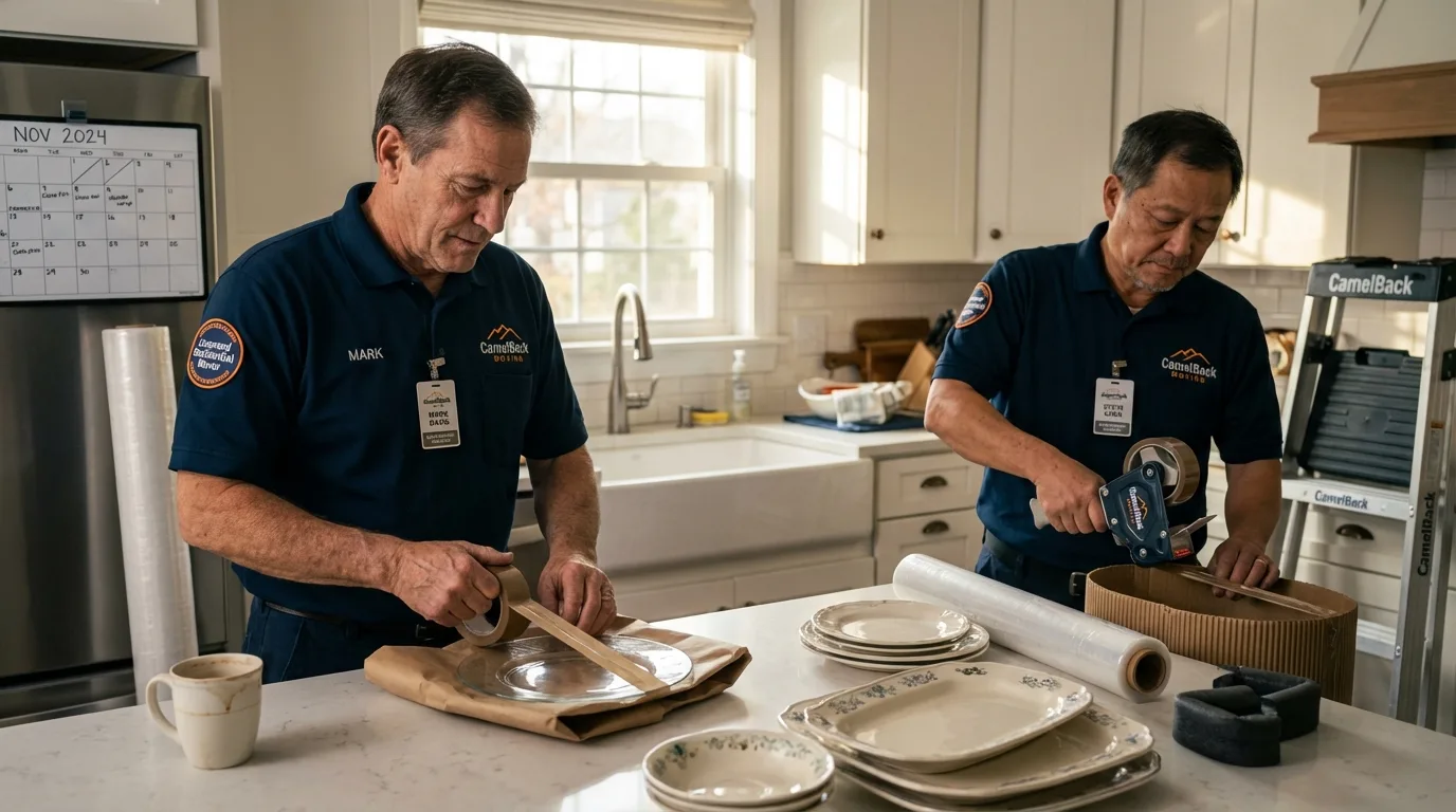 Professional crew packing kitchen dishware in Eddington, ME